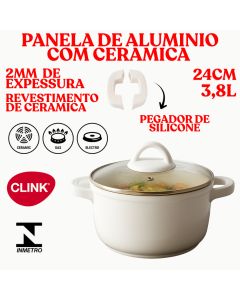 Caçarola Panela Aluminio 24CM 3,8L Clink Revestido De Ceramica Com Aluminio Antiaderente Branca 2MM