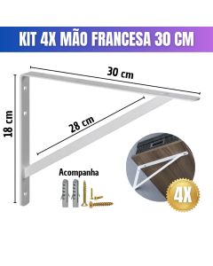Kit 4 Mão Francesa 30cm Branca Prateleira + Bucha E Pregos Resistente Suporte