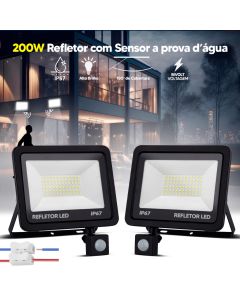 Kit 2 Refletor Led 200w Sensor Presença Fotocélula Luz Branco Frio 6500k 110v/220v