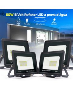 Kit 4 Refletores LED 50W Holofote Flex Bivolt IP67 Branco Frio 6500K Alta Potência à Prova D'Água