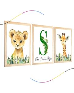 quadro decorativo infantil safari girafa leão personalizado 3 peças
