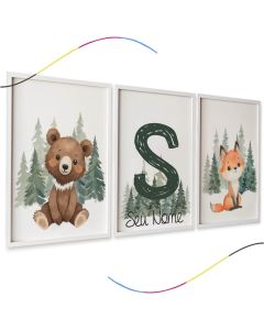 Conjunto de 3 Quadros Decorativos Infantis, Urso e Raposa na Floresta com Letra Personalizada, Nome