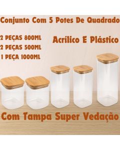 Conjunto Com 5 Potes Plástico E Acrílico Quadrado 1000ml 800ml E 500ml Com Tampa Super Vedação