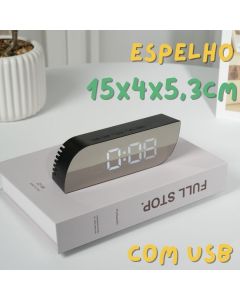 Relógio De Mesa Digital Led Com Espelho E USB 15x4x5,3 Despertador LCD Fonte Branco Calendário Data