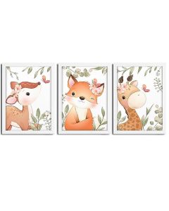 Kit 3 Quadros infantil Menina Savana aquarela 20x30 cada peça veado raposa girafa