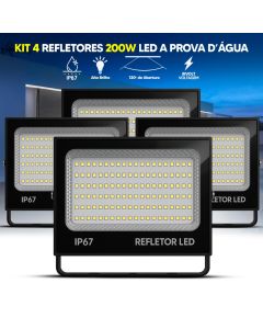 Kit Refletor LED 200W Holofote Max Alumínio Bivolt IP67 Branco Frio 6500K Alta Potência Prova D'Água