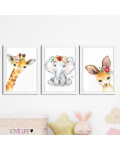 Kit 3 Quadros infantil Menina Savana aquarela 20x30 cada peça girafa elefante coelho