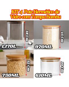 KIT 4 Potes De Vidro Hermético Com Tampa De Bambu Redondo Organizador Multiuso De Cozinha