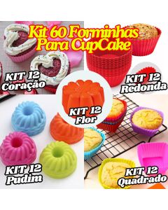 KIT 60 Forminhas De CupCake Quadrada Floral Pudim Redonda E De Coração Culinária De Silicone Decorar