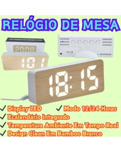Branco Despertador De Cabeceira LED Digital Silencioso De Madeira Multifuncional Com Padrão
