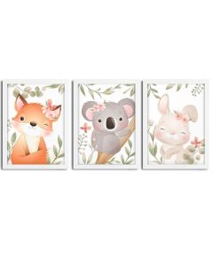 Kit 3 Quadros infantil Menina Savana aquarela 20x30 cada peça rapoza coelho coala