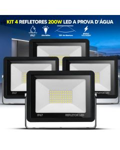 Kit 4 Refletores LED 200W Holofote Slim Bivolt IP67 Branco Frio 6500K Alta Potência à Prova D'Água