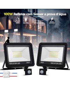 Kit 2 Refletor Led 100w Sensor Presença Fotocélula Luz Branco Frio 6500k 110v/220v