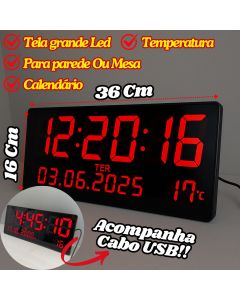 Relógio Digital 36x16Cm De Parede Ou Mesa Calendário Temperatura Horário Semana Decorativo