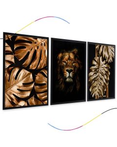 Quadro decorativo leão, folhas, goldem, douradas, para, sala, quarto, escritório