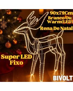 Rena De Natal 90x72Cm 110V/220V Bivolt Mangueira Branco Ou Warm Super LED Fixo Natalina