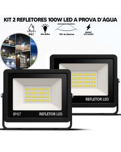 Kit 2 Refletor LED 100W Bivolt IP67 Branco Frio 6500K Flex à Prova D'Água para Áreas Externas