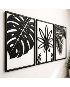 Quadros Decorativos Sala Quarto Escritorio Trio Kit 3 Flores Mdf Vazado Preto