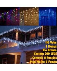 Cascata 200 Leds 5M 110V 8 Funções Pisca Pisca Decoração Natalina Luzes Uso Interno Fio Branco
