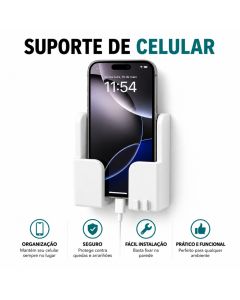Suporte de Celular de Parede Branco com Passagem para Cabo Organizador para Carregamento Smartphone