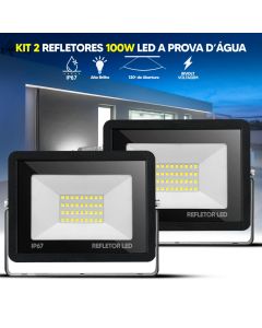 Kit 2 Refletor LED 100W Bivolt IP67 Branco Frio 6500K Slim à Prova D'Água para Áreas Externas
