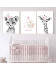quadro decorativo infantil safari preto e branco bichinhos leoa girafa fofa personalizada 3 peças