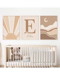 quadro decorativo infantil por do sol montanhas lua luar personalizado fofo 3 peças