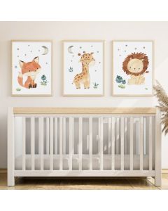 quadro decorativo infantil safari leão girafa raposa fofos 3 peças