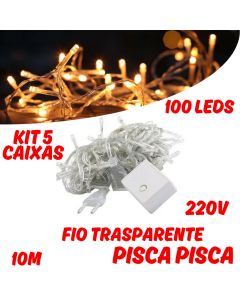 Kit Com 5 Caixas Pisca Pisca Natalino 100 Leds 10M 220V Interno Transparente 8 Funções
