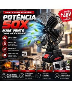 Ventilador Portátil De Mesa Recarregável Bateria 48w 20cm Preto Viagem Acampamento.
