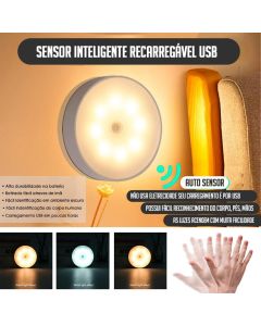 Lâmpada LED Inteligente 8.5x2cm Sensor Movimento Presença Luminária Recarregável Cabo USB Econômica