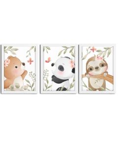 Kit 3 Quadros infantil Menina Savana aquarela 20x30 cada peça urso panda