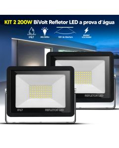Kit 2 Refletores LED 200W Holofote Bivolt IP67 Branco Frio 6500K Alta Potência à Prova D'Água