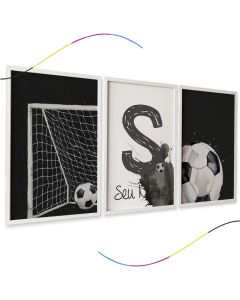 Quadros Decorativos Futebol, Conjunto 3 Peças, Arte em Preto e Branco com Trave, Bola e Letra e Nome