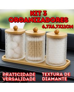 Kit 3 Organizadores 6,7x6,7x11cm Com Bandeja E Tampa De Bambu Textura De Diamante