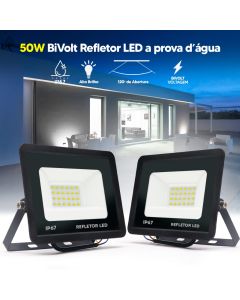 Kit 2 Refletores LED 50W Holofote Slim Bivolt IP67 Branco Frio 6500K Alta Potência à Prova D'Água