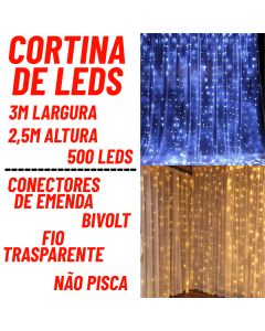 Cortina De Led 3x2,5m 500 Leds Fio Transparente Externo Bivolt Conectores de Emenda