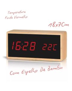 Relógio Digital Com Espelho De Bambu 18x7 Alarme Despertador Medidor De Temperatura E USB