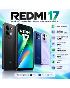 Smartphone Xiaomi Redmi 17 4G 256GB  Tela 6,9" 120Hz  Helio G91-Ultra Câmera 50MP  Bateria 7500mAh Dual SIM