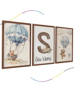 Conjunto de 3 Quadros Decorativos Infantis, Urso e Balão, Aquarela, Borda Marrom, Personalizado nome