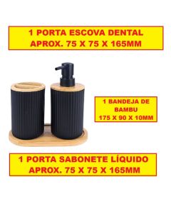 Kit Lavabo 3 Peças 1 Porta Escova Dental 1 Porta Sabonete Líquido E 1 Bandeja De Bambu Preto Branco