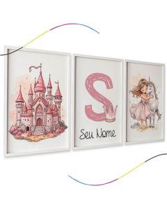 Quadros Decorativos Infantis, Castelo Rosa, Inicial com Coroa e Unicórnio, 3 Peças, Personalizável
