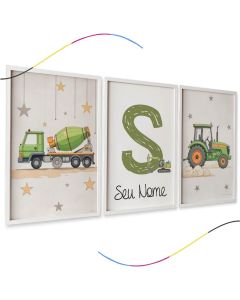 Quadros Decorativos Infantis, Tema Construção e Trator, Trio de Placas com Letra Personalizada,