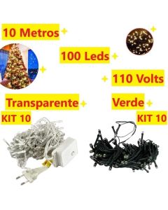Kit 10 Caixa 10M 100 Led 110V 8 Funções Pisca Fio Verde Ou Transparente Multicolorido