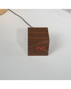 Relógio Despertador Digital Cubo Madeira Led Mesa Cubo 6,5x6,5x6,5cm  Preto e Marrom