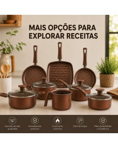 Conjunto Jogo de Panelas 11 Peças Grill Antiaderente Tampa Vidro Completa Cozinha