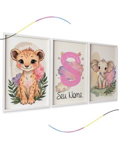 Trio de Quadros Decorativos Infantis, Safari Baby, Leãozinho e Elefante, Personalizável com Nome