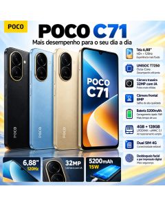 Smartphone XiaoMi POCO C71 4GB 128GB Tela 6.88 120Hz UNISOC T7250 Câmera 32MP Bateria 5200mAh Carregamento Dual SIM 4G