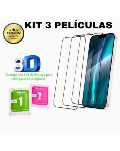 KIT 3 Película De Vidro Temperado 3D Pelicula Para Iphone XR 11 12 13 14 15 16 17 Air Pro Max