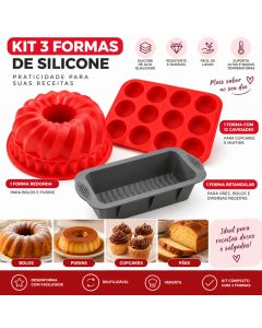 Kit 3 Formas de Silicone para Bolo Pudim Pão Cupcake Muffin 12 Cavidades Forma Redonda Retangular Confeitaria